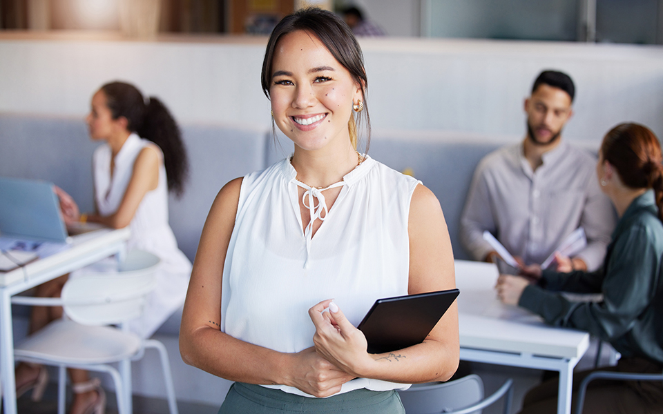 Businesswoman, office and portrait with tablet,