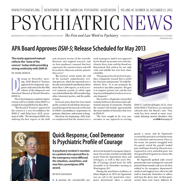 Psychiatric News Vol. 47, No. 24,  December 21, 2012 Cover