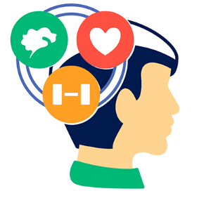 Image of man's head with image of a brain, barbell, and heart swirling above