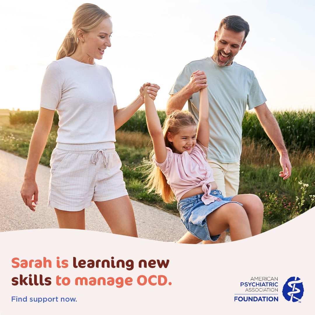Family walks together outdoors, with a young girl holding her parents’ hands. Text reads: ‘Sarah is learning new skills to manage OCD. Find support now'