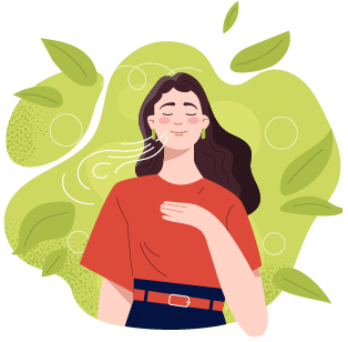 Woman breathing in with leaves in the background