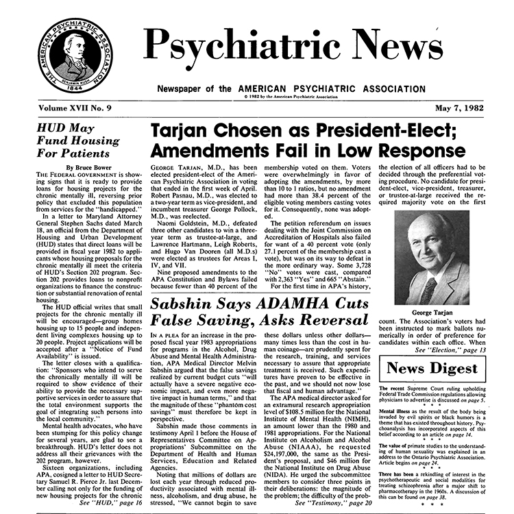 Psychiatric News Volume XVII, No. 9, May 7, 1982 Cover
