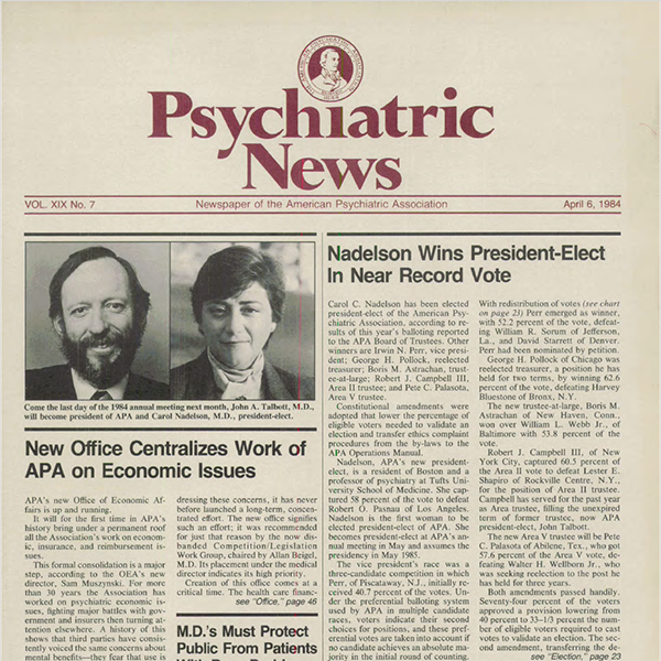 Psychiatric News Vol. XIX, No. 7,  April 6, 1984 Cover