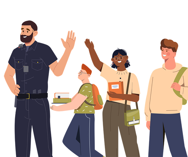 Four people interact calmly, including a security officer and a person raising a hand