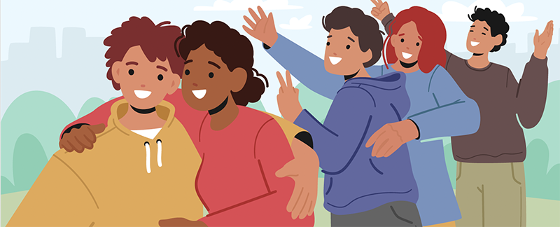 Group of people cheering and hugging each other