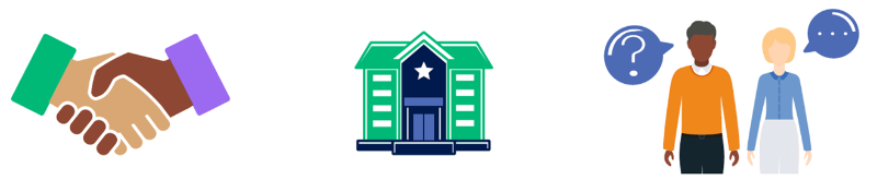 Illustration of hand shake, government building, group of two people with chat bubbles talking