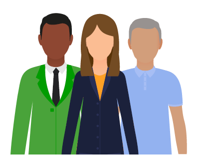 Illustration of three people standing together. Two men and a woman.