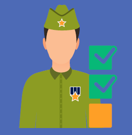 Illustration of man in military uniform with service medal on. He has 3 check boxes next to him. Two are checked off and one is not yet.